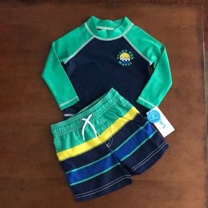 2 piece Swim LS rash guard blue green and trunks